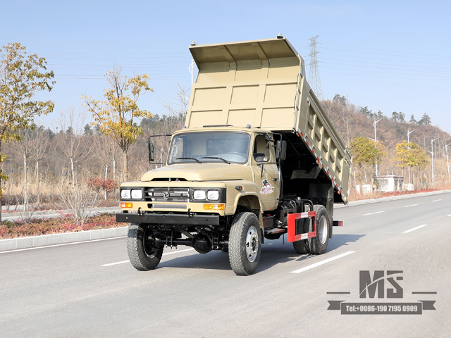 Caminhão basculante com tração nas quatro rodas 170hp_Dongfeng 4 * 4 Caminhão basculante cinza camelo Cabeça pontiaguda Caminhões de mineração de fileira única para venda_Exportação de veículo especial