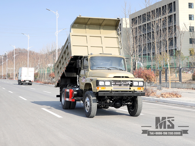 Caminhão basculante com tração nas quatro rodas 170hp_Dongfeng 4 * 4 Caminhão basculante cinza camelo Cabeça pontiaguda Caminhões de mineração de fileira única para venda_Exportação de veículo especial