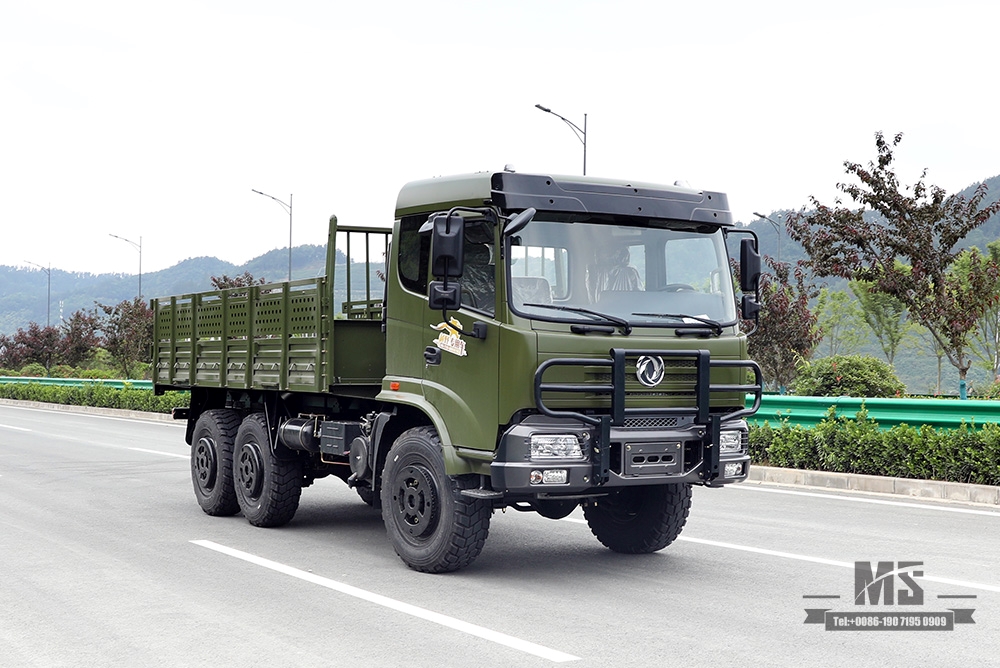 210hp Dongfeng caminhão de carga com tração nas seis rodas para venda_6 * 6 caminhão de transporte de cabeça chata verde exército com cobertura de pára-choques fabricante_Dongfeng 6WD veículo especial de exportação