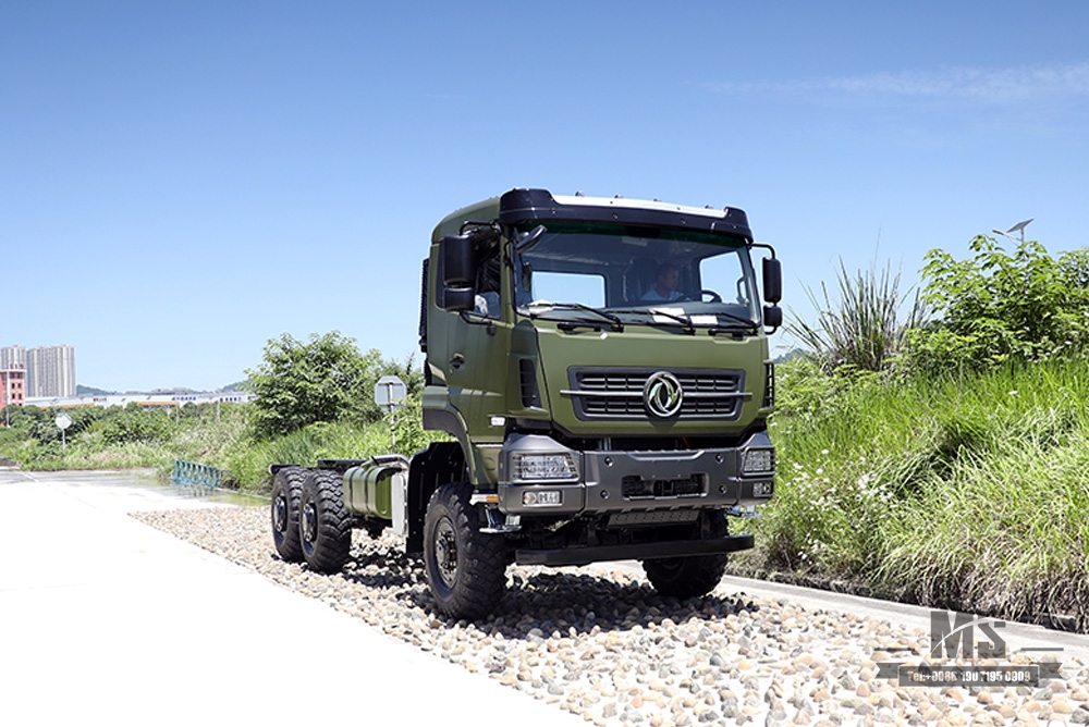 Dongfeng chassi de seis rodas motrizes_6 × 6 340hp cabeça plana chassi de caminhão de carga de uma fileira e meia_6 * 6 veículo especial de exportação