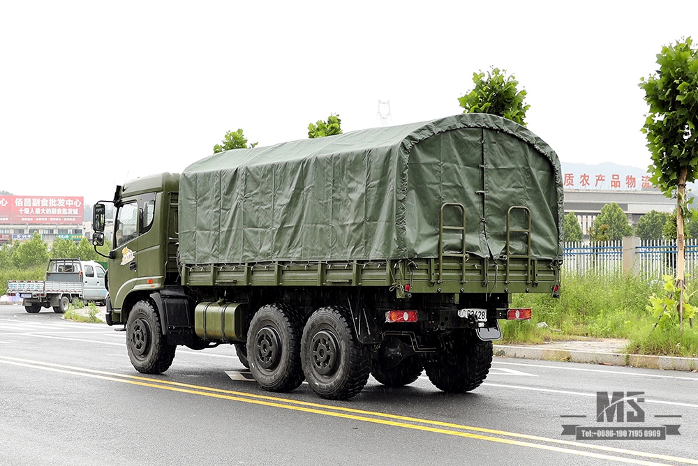 Dongfeng 210hp Caminhão de carga com tração nas seis rodas_6 * 6 Caminhão de transporte de cabeça chata verde exército com cobertura de pára-choque de pólo de lona Fabricante_Dongfeng 6WD Veículo especial de exportação