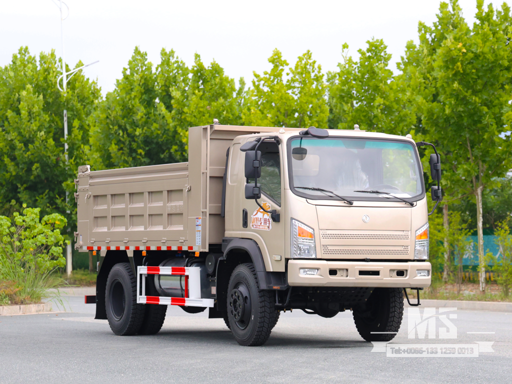 Caminhão basculante marrom claro Dongfeng de 10 toneladas com tração nas quatro rodas e nariz chato (170 HP) | Caminhões Especiais de Exportação 