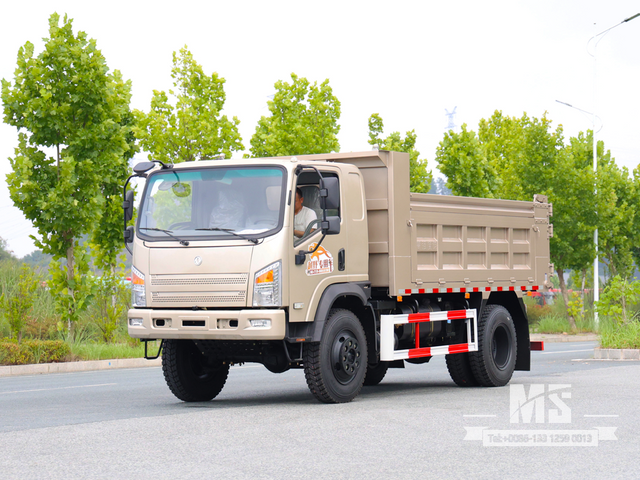 Caminhão basculante marrom claro Dongfeng de 10 toneladas com tração nas quatro rodas e nariz chato (170 HP) | Caminhões Especiais de Exportação 